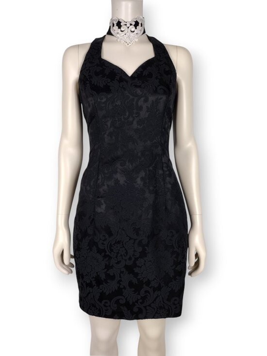 Vintage Dresses & Skirts - Vintage 90s Jessica McClintock Black Brocade Mini Sheath Choker Halter Dress